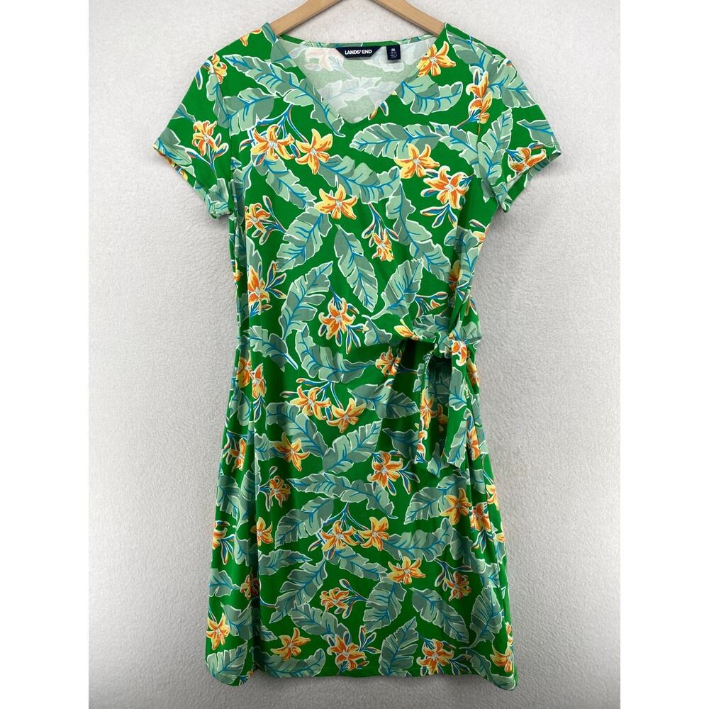 LANDS END Dress M 10-12 Stretch Jersey Tropical Floral Faux Side Wrap Green NEW